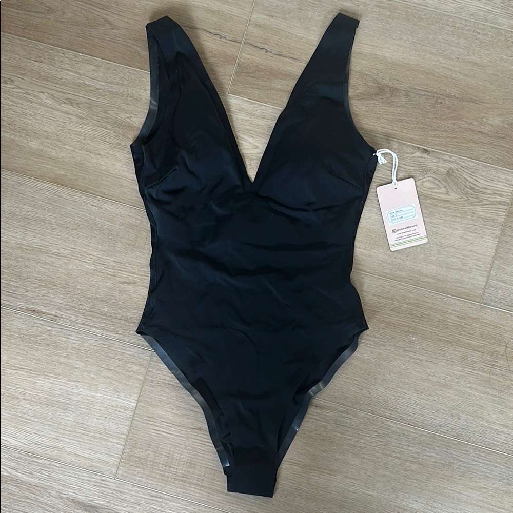 Women’s Black One-Piece Swimsuit – Classic V-Neck